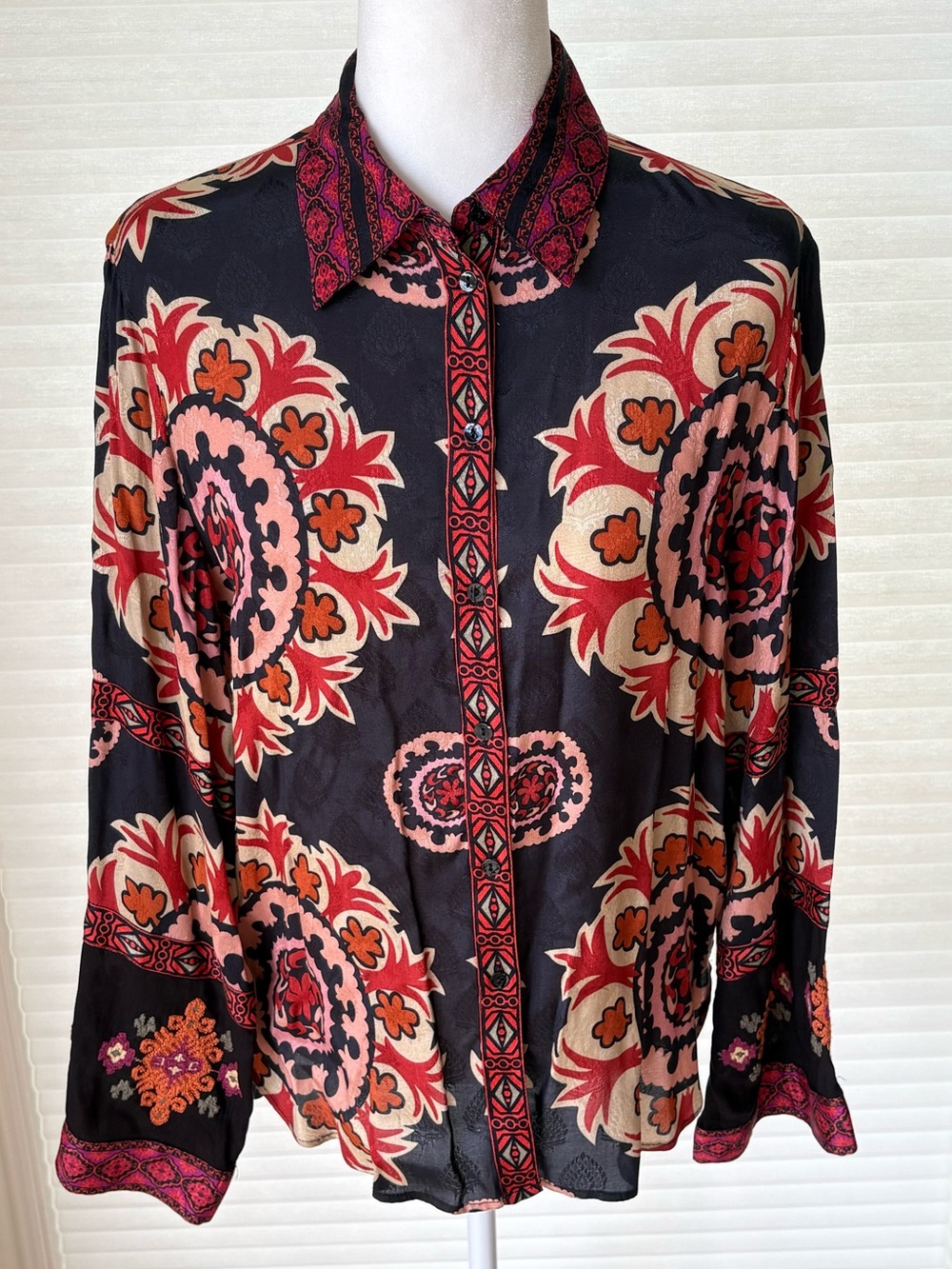 NWOT Zara Boho Black Floral Button-Up Shirt Blouse with Red and Orange Pattern - Picture 3 of 14